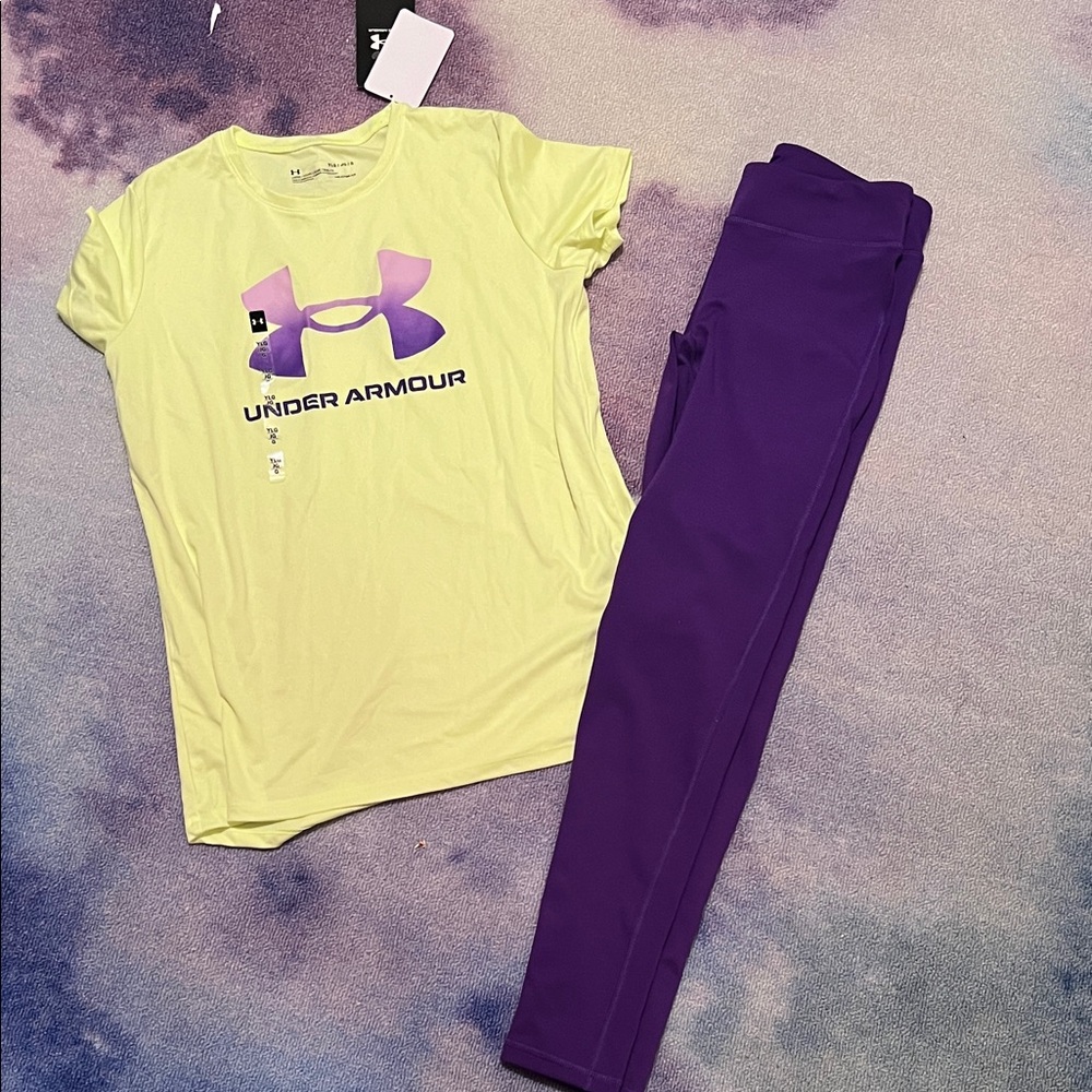 Under Armour Light Yellow Tee and Deep Purple Leggings